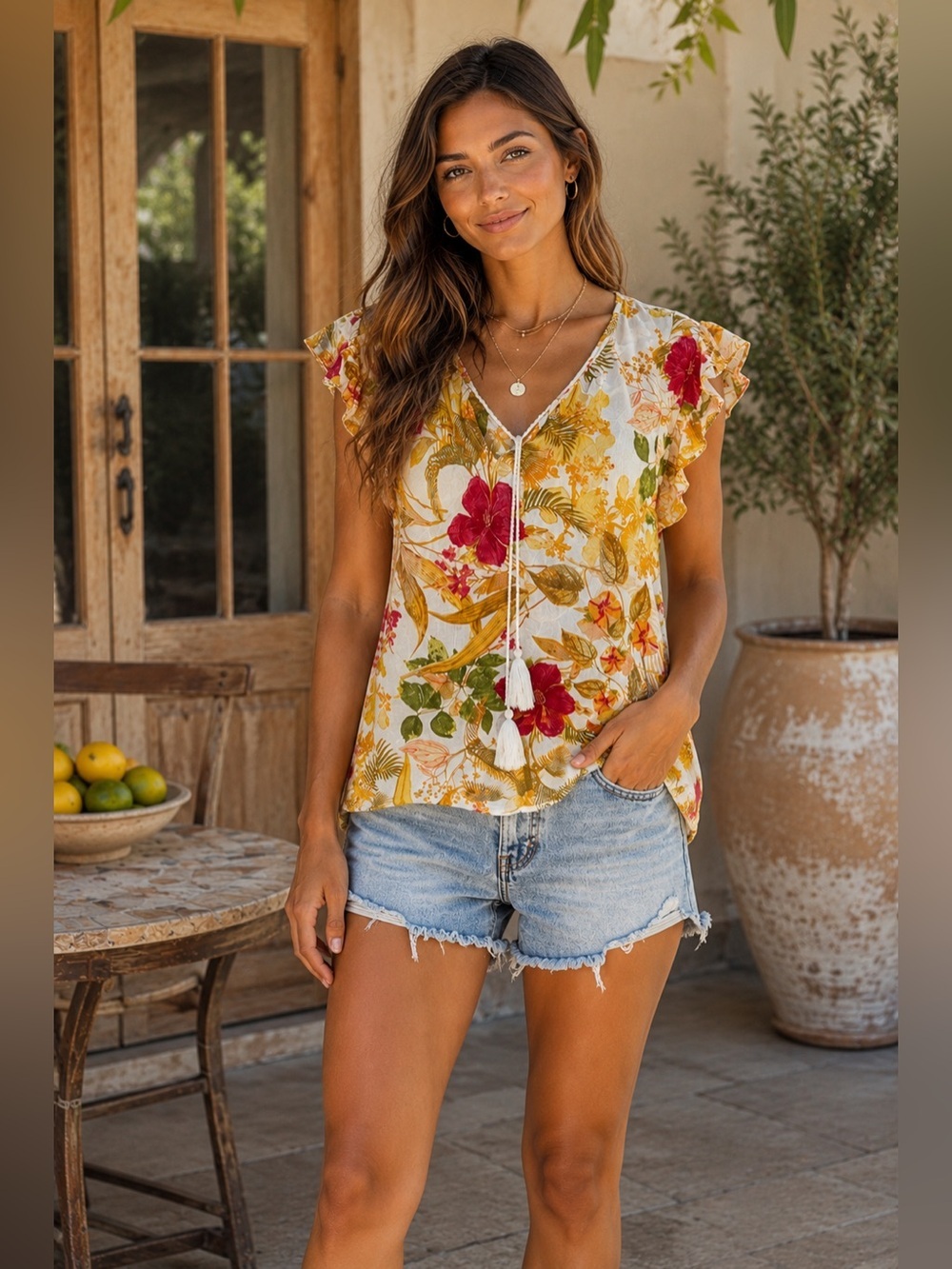Rose & Olive Red and Yellow Flutter Sleeve Blouse Size M Boho Cottagecore